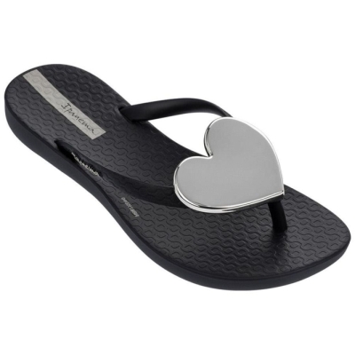 Kids' Ipanema Wave Heart Flip Flops Black Silver | US015862FI