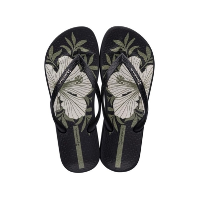 Women's Ipanema Ana Hibiscus Flip Flops Black Ivory | US368259ZO