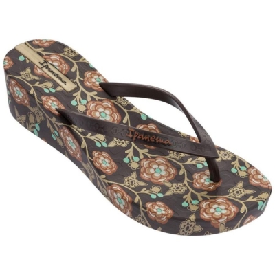 Women's Ipanema Floral Plat Wedge Flip Flops Brown | US145728ZX