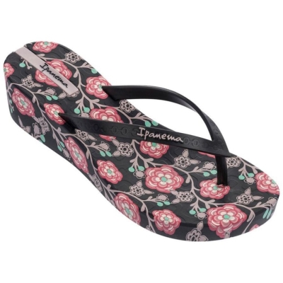 Women's Ipanema Floral Plat Wedge Flip Flops Black Rose | US861502YA