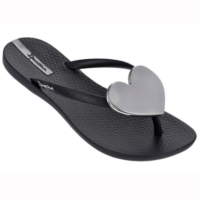 Women's Ipanema Wave Heart Flip Flops Black Silver | US683175NO